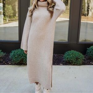 Cozy Tan Turtleneck Sweater Dress